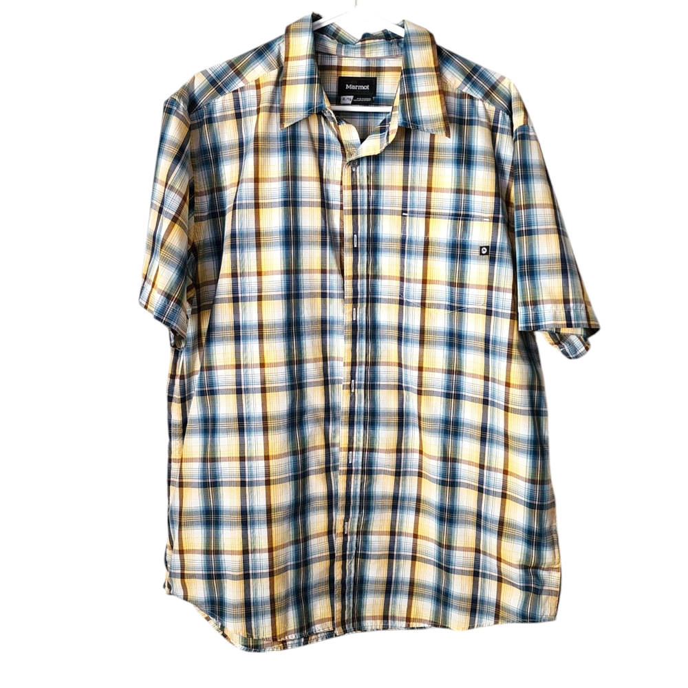MARMOT‎ Men's Plaid Shirt casual top in Blue and Yellow plaid size XL